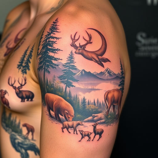 Photorealistic nature tattoo named "Wild Serenity" depicting a hyper-detailed landscape scene with animals and plants so lifelike they appear to be a photograph imprinted on the skin