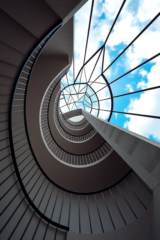 Capture a geometric spiral staircase from a low angle, using a Canon EOS R camera with a 16-35mm lens at f/8, ISO 100, and a shutter speed of 1/60 seconds, ensuring sharp focus on the triangular patterns and vibrant sky.