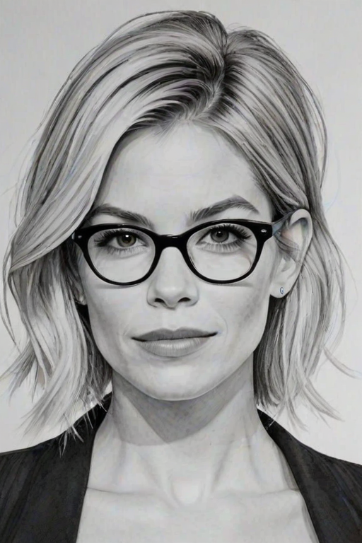 Wonderful Sienna Miller, pencil sketch, portrait of Charming woman 1955s in glasses, hair style beatnik, outline, clear lines, fine lines, 8k