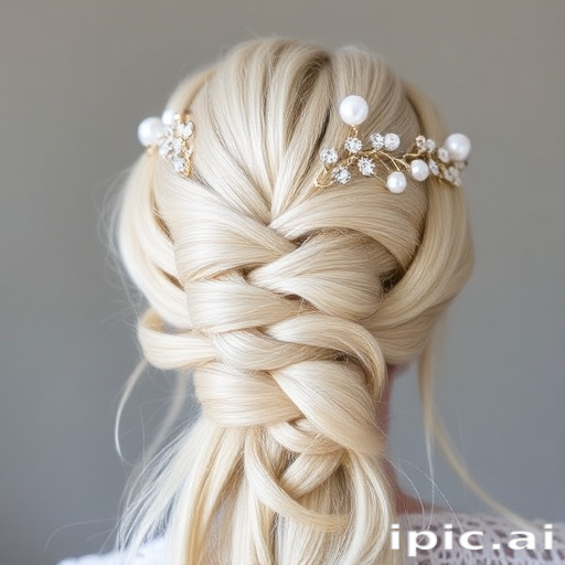 Ethereal Moonbeam Halo braid showcasing a crown of intricately woven platinum blonde hair, accented with shimmering pearl and crystal hair accessories