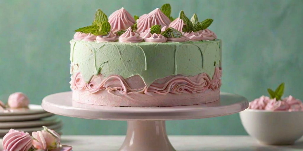 Generate an image of a layered cake with multiple tiers, featuring light pink frosting and decorative peaks on top. The cake should have visible layers, showcasing a creamy filling between the layers. Include fresh mint leaves as decoration and display the cake on an elegant cake stand. The background should be bright and inviting, enhancing the cake's appeal.