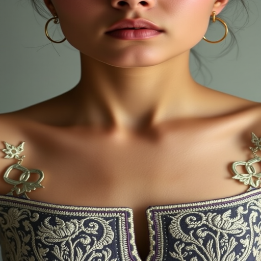 Face, shoulders, chest covered in openwork Pakistani embroidery. Raw, unedited image.
