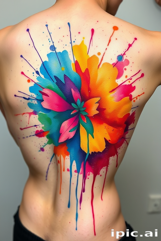 Watercolor splash tattoo, "Chromatic Explosion," depicting an abstract burst of vibrant colors blending and bleeding into each other, with splatters and drips extending outwards, creating a dynamic and energetic piece ideal for the back or side