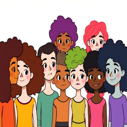 Create an illustration of diverse, stylized characters with varying hair colors and textures, featuring seven figures standing side by side, each with unique hairstyles and expressions, using a digital art style; camera settings: ISO 100, f/8, 1/60s, camera view: wide shot, camera type: digital DSLR, camera style: vibrant and colorful.