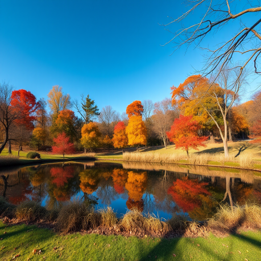 Generate a serene landscape of a tranquil park with vibrant autumn foliage reflected in a calm pond under a clear blue sky, shot with a Canon EOS R5, 24mm lens, f/8 aperture, ISO 100, using a wide-angle perspective and enhanced color saturation.