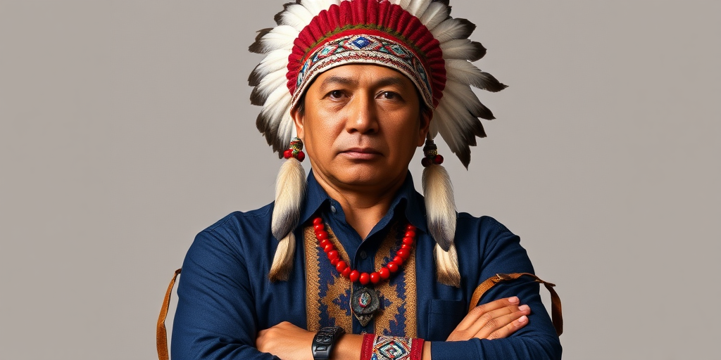 Create a dignified portrait of a Native American man dressed in traditional attire. He wears a beautifully crafted headdress adorned with white feathers and red beads, along with a beaded headband featuring intricate patterns. His clothing includes a deep blue, patterned shirt and a traditional chest piece with detailed beadwork. His arms are crossed, displaying leather armbands decorated with feathers. The background is simple and neutral, emphasizing his proud and stoic expression. The overall image captures the rich cultural heritage and strength of his persona.