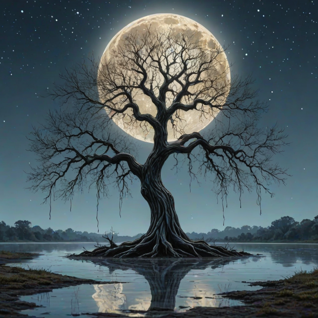 painting of a tree with a full moon in the background and water dripping from its branches, fantasy art, alcohol ink, 3D, 4K, HDRi