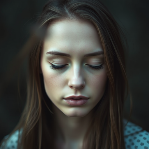 Portrait of a serene young woman with closed eyes, soft focus, moody lighting, depth of field, shot at f/1.8, ISO 100, 50mm lens, using a DSLR camera in a natural setting, capturing a dreamy atmosphere with textured layers and cool color tones.