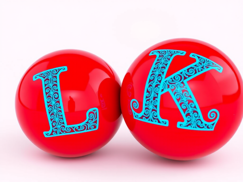 Generate an image of two glossy red spheres with intricate blue patterned letters "L" and "K" on each sphere, use a DSLR camera, aperture f/2.8, ISO 100, focal length 50mm, taken from a slight low angle for depth.