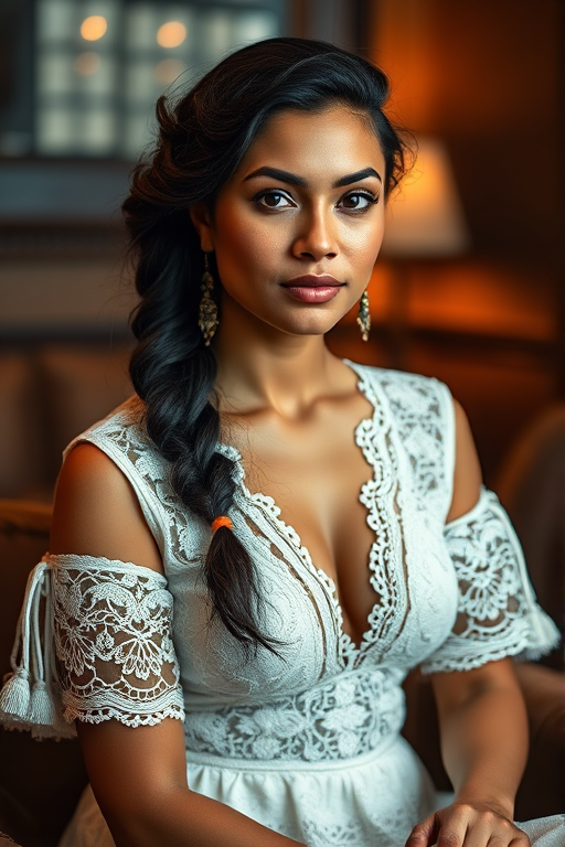 Create a portrait of a refined and elegant Maori woman seated in a sophisticated setting. She has long, wavy hair styled in two thick braids that are pulled over her shoulders. She wears a white, lace gown with intricate patterns, featuring a deep V-neckline and short sleeves. The dress exudes a vintage charm with its delicate lacework. She is adorned with ornate, dangling earrings that add a touch of glamour to her appearance. The background is softly lit, with warm, ambient lighting that creates a cozy and inviting atmosphere. Her expression is poised and serene, capturing a sense of grace and elegance.