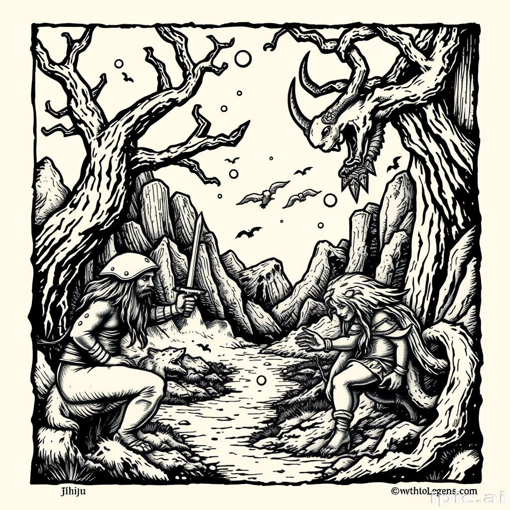 Woodcut-style "Mythic Legends" tattoo illustration depicting ancient folklore and mythological scenes with distinctive crosshatching and etching techniques creating a timeless and rustic appearance