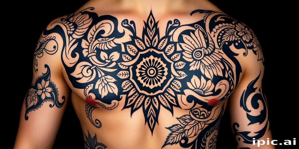 Ornamental blackwork tattoo inspired by Polynesian tribal designs, featuring intricate patterns and symbols that flow with the body's natural contours, emphasizing cultural heritage