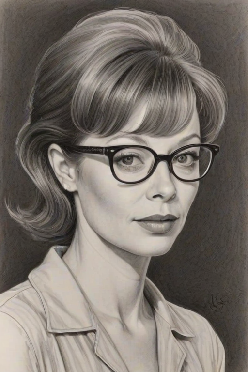Attractive Frances Fisher, pencil sketch, portrait of Sublime woman 1954s in glasses, hair style beatnik, outline, clear lines, fine lines, 8k