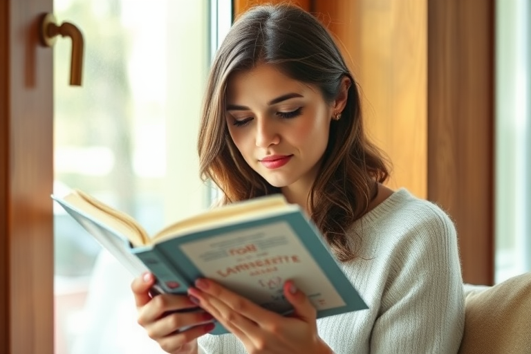 portrait of a woman reading a book by a window with natural light, soft focus, 50mm lens, f/1.8 aperture, ISO 200, slight vignette, indoor setting with wooden accents, relaxed atmosphere