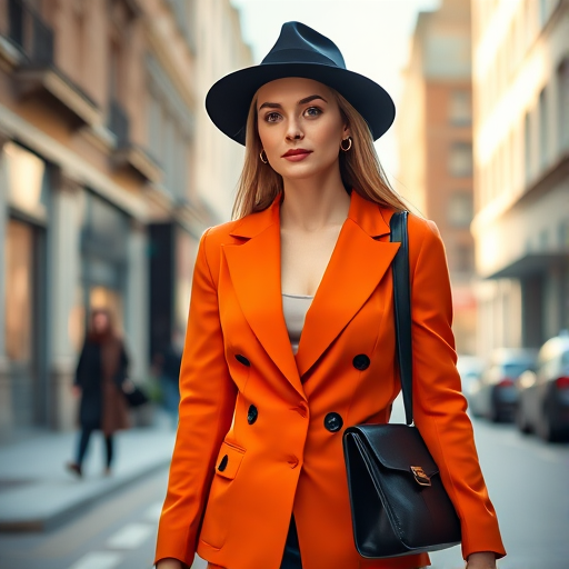 portrait of a confident woman in an orange blazer and black hat walking down a stylish city street in soft afternoon light, capturing high fashion and elegance, shallow depth of field, 50mm lens, f/1.8 aperture, ISO 100, natural light, DSLR camera