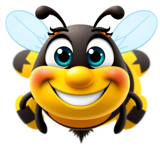 Create a high-resolution cartoon bee character with a smiling face, large expressive eyes, vibrant yellow and black stripes, and translucent blue wings on a solid white background, captured with a DSLR camera at f/4 for a sharp focus, 50mm lens for a close-up view, and daylight lighting for enhanced colors.