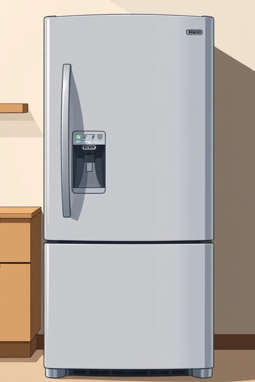 Create a highly detailed illustration of a modern refrigerator, shot with a DSLR camera at f/2.8 aperture, 50mm lens, ISO 100, natural lighting, from a slightly elevated angle, showcasing its sleek design and texture.