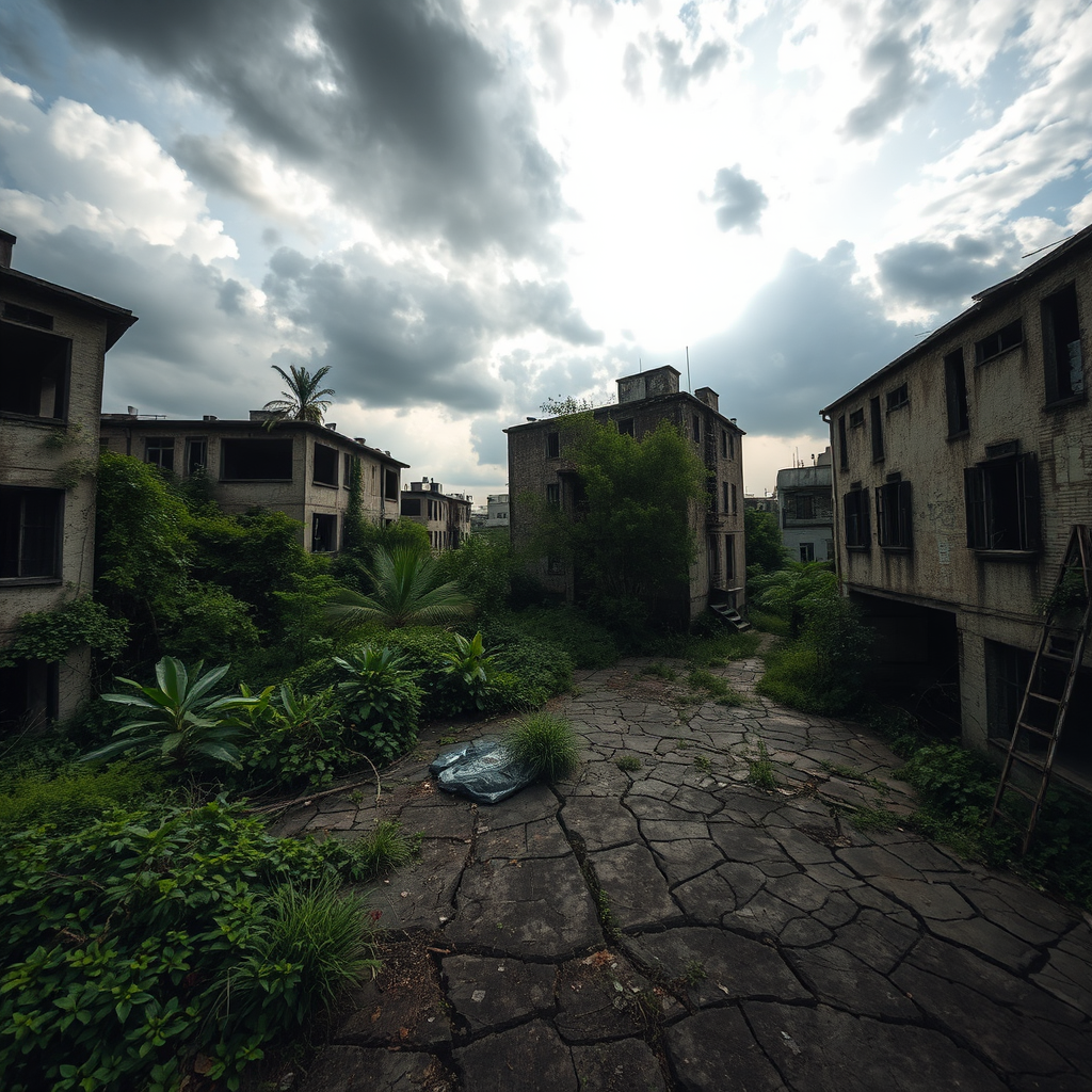 abandoned urban landscape, overgrown buildings with cracked concrete, dramatic overcast sky, soft sunlight filtering through clouds, HDR photography, wide-angle lens, f/8 aperture, ISO 200, 1/125 sec shutter speed, high-resolution digital camera