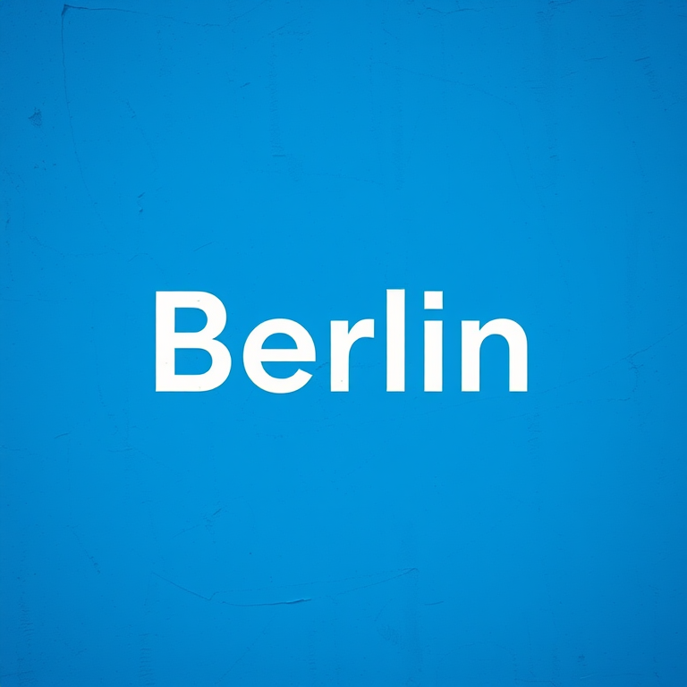 Create an urban minimalist design featuring the word "Berlin" in a modern font on a textured blue background, using a Canon EOS R5 with a 50mm lens at f/1.8, ISO 100, and shutter speed 1/200s for sharp focus and vibrant colors.