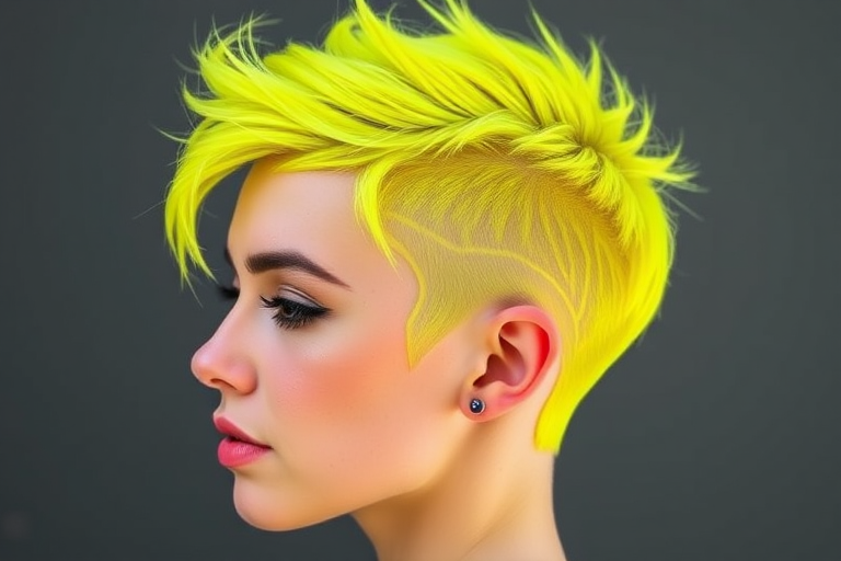 Fierce neon yellow pixie cut with shaved sides and intricate geometric patterns, embodying bold creativity, known as "Electric Canary"