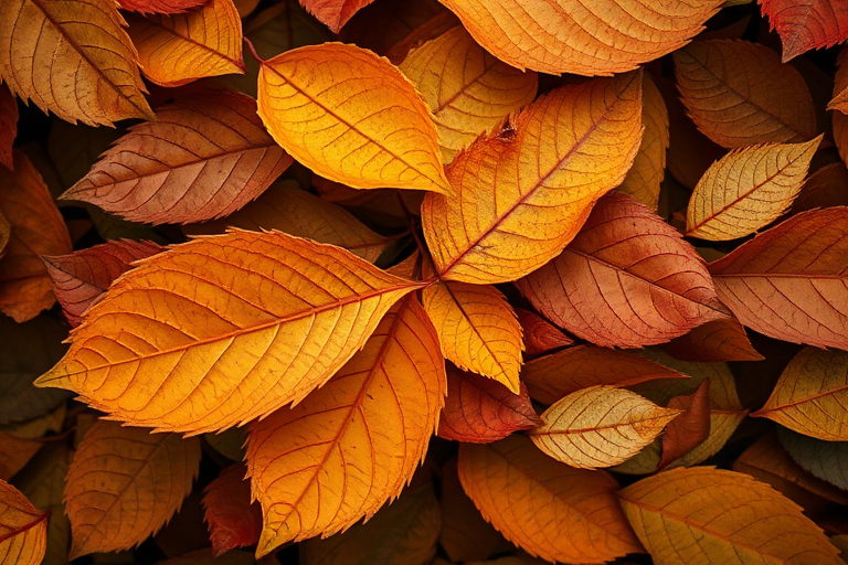 Create an artistic composition featuring overlapping leaves in earthy tones, shot with a DSLR camera at f/8 aperture, ISO 100, 50mm lens, top-down view, soft natural lighting to enhance texture and detail.