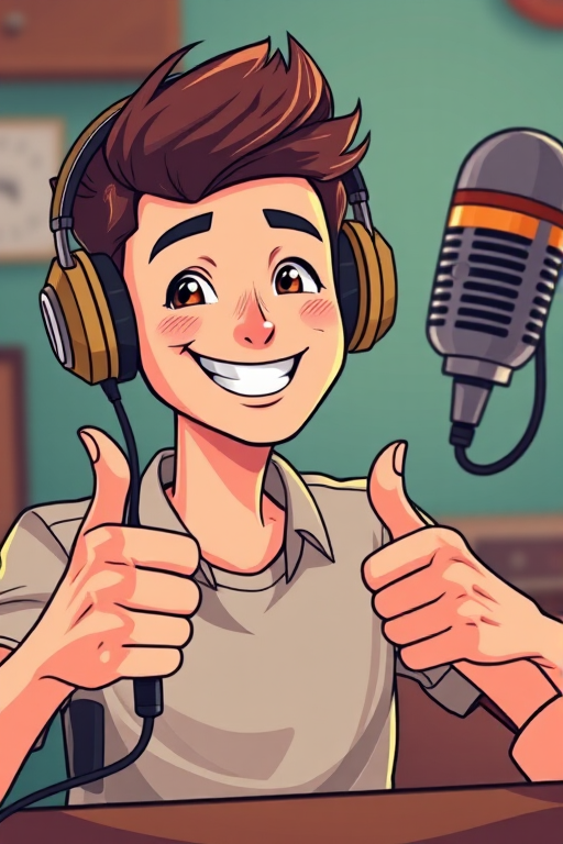 Create a cartoon-style illustration of a cheerful young man with headphones giving a thumbs up, sitting in front of a vintage microphone, using a shallow depth of field, shot with a Canon EOS R5 at f/2.8, ISO 200, and 50mm lens, with soft lighting for enhanced vibrancy and clarity.