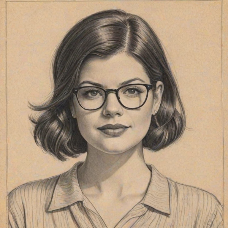 Enchanting Casey Wilson, pencil sketch, portrait of Gorgeous woman 1924s in glasses, hair style beatnik, outline, clear lines, fine lines, 8k