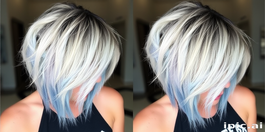Edgy asymmetrical lob in platinum blonde, featuring dark roots and icy blue tips, styled with tousled waves for a cool, contemporary look