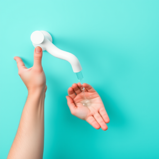 Create a minimalistic flat design image of a white faucet pouring water into an open hand on a bright turquoise background, shot with a Canon EOS R5 at f/5.6, 1/125 sec, ISO 100, using a top-down view in a high-resolution digital style.