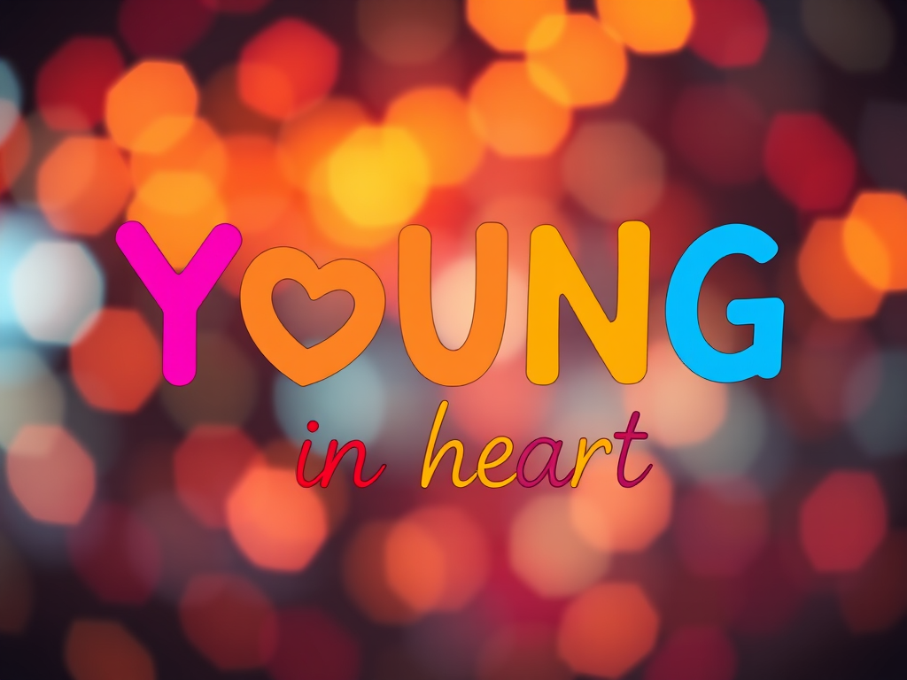 Create an image featuring the text "YOUNG at heart" in a vibrant, colorful design, using a DSLR camera with a 50mm lens, aperture f/1.8, shutter speed 1/125s, ISO 200, in a soft-focus background with bokeh effects and a high dynamic range.