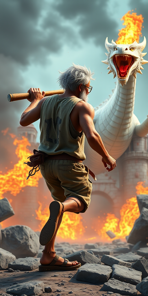 Cartoon 3D High-Resolution,dynamic battle scene using Unreal Engine 5 and Octane Render. The scene features back of an elderly, thai man with a beard,messy hair and round golden-rimmed glasses. He is wearing a tattered tank top with soot marks, shorts, and sandals. sweating. he wields a baseball bat. He jump to fight with a white fire-breathing Europe dragon amidst a partially destroyed stone castle. Include intense flames, smoke, and debris to enhance the dramatic effect.