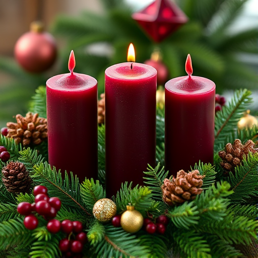A festive arrangement of three burgundy candles surrounded by evergreen foliage and decorative elements, shot with a DSLR camera at f/2.8, ISO 100, 50mm lens, in natural light for enhanced color saturation and depth of field.