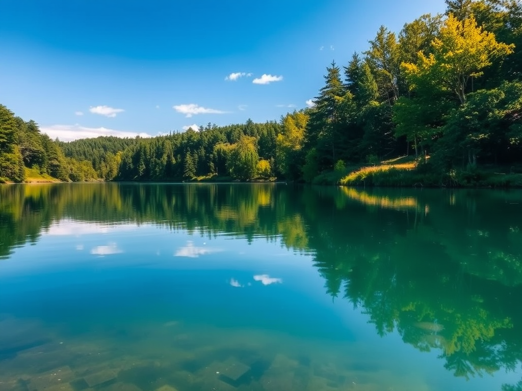 Generate an image of a serene landscape featuring a calm lake reflecting a clear blue sky and surrounded by lush green trees, shot with a Canon EOS 5D Mark IV at f/8, 1/125s, ISO 100, in a wide-angle view for depth and clarity.