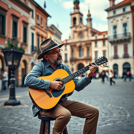 A man in a hat playing an acoustic guitar while sitting on a stool in a vibrant town square with historical buildings in the background, using a Canon EOS R5 with a 35mm f/1.4 lens at ISO 100, aperture f/4, and a shutter speed of 1/250 sec, natural lighting, cinematic style.