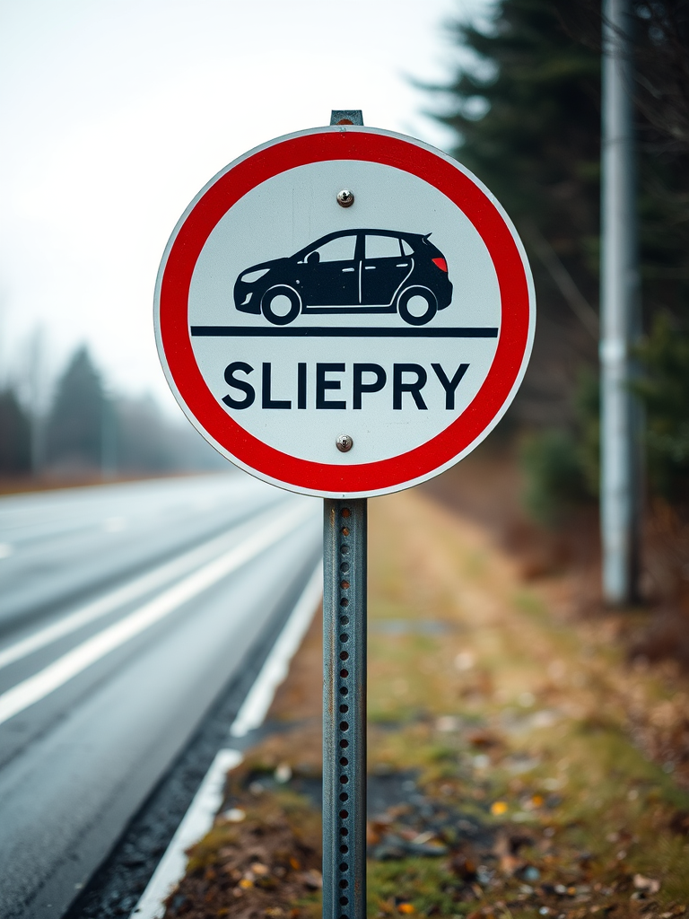 Create a high-resolution image of a road sign indicating slippery conditions with a black car and wavy lines, use a DSLR camera at f/2.8, ISO 100, 1/200 sec, captured in a landscape orientation with a shallow depth of field to enhance clarity and focus.