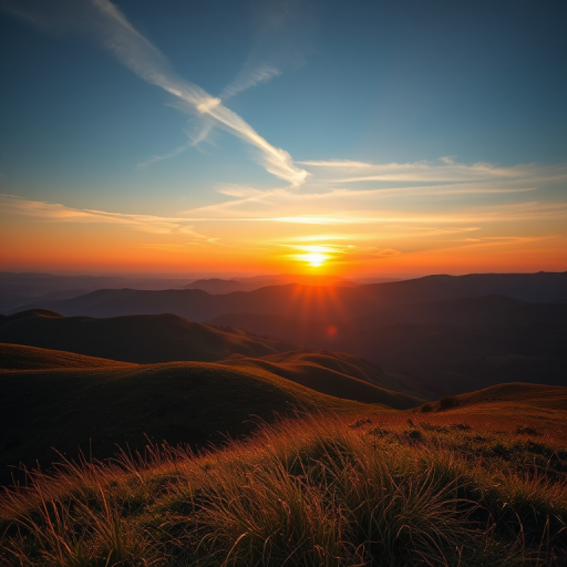 Create a high-resolution image of a serene landscape featuring rolling hills and a sunset, captured with a Canon EOS R5, 24-70mm lens at f/8, ISO 100, 1/250 sec, using a wide-angle view to enhance depth and detail.