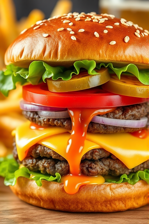 High-resolution, close-up image of a gourmet double cheeseburger. The burger features a glossy, sesame-seed-topped brioche bun. Inside, there are two thick, juicy beef patties, each topped with melted cheddar cheese. The burger is garnished with fresh lettuce, tomato slices, diced onions, and pickles. A generous amount of ketchup and a creamy, orange-colored sauce is dripping down the sides, adding to the mouth-watering appeal. In the background, there are blurred elements including a side of golden French fries and a hint of a beverage, enhancing the overall presentation of a delicious meal.