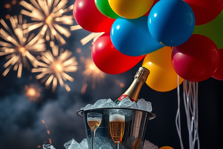 Create a festive scene featuring a bucket of ice filled with champagne and colorful balloons (red, blue, green) arranged above, with sparkling fireworks in the background, captured with a DSLR camera at f/2.8, ISO 100, 50mm lens, in vivid colors and high definition.