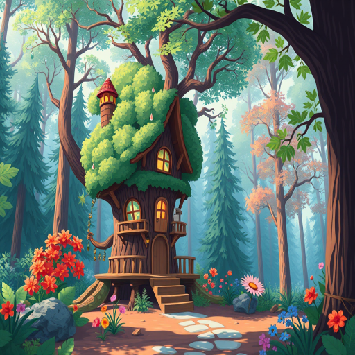 Generate a high-quality illustration of a whimsical treehouse in a vibrant forest setting, using a DSLR camera with a 50mm lens at f/2.8, shot from a low angle to emphasize depth, with natural lighting for enhanced colors.
