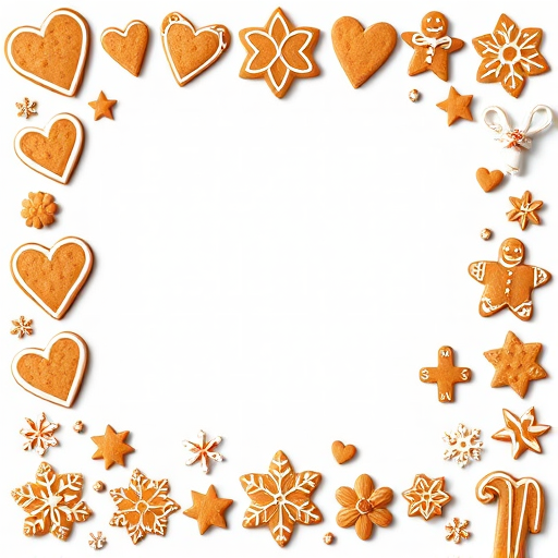 regenerate an intricate border design with assorted gingerbread shapes including hearts, stars, flowers, and Christmas elements against a transparent background, use a DSLR camera setting of f/2.8 aperture, ISO 100, and a 50mm lens for sharp detail and vibrant colors, perspective view with a slight overhead angle to capture the full border layout.