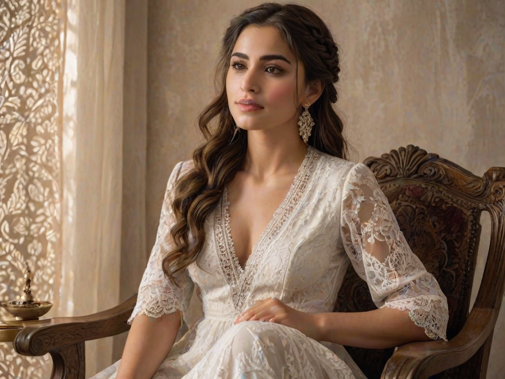 Create a portrait of a refined and elegant Kurdish woman seated in a sophisticated setting. She has long, wavy hair styled in two thick braids that are pulled over her shoulders. She wears a white, lace gown with intricate patterns, featuring a deep V-neckline and short sleeves. The dress exudes a vintage charm with its delicate lacework. She is adorned with ornate, dangling earrings that add a touch of glamour to her appearance. The background is softly lit, with warm, ambient lighting that creates a cozy and inviting atmosphere. Her expression is poised and serene, capturing a sense of grace and elegance.