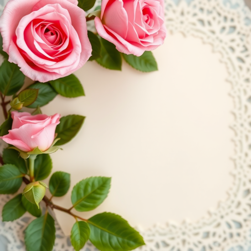 Create a high-resolution image of a blank cream-colored card with ornate lace borders, adorned with soft pink roses and green leaves, captured with a DSLR camera at f/2.8 aperture, 50mm lens, in natural light with a shallow depth of field for a delicate focus effect.