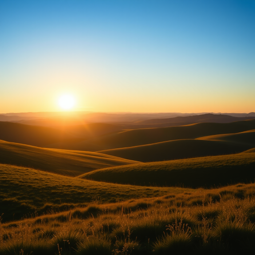 Create a high-resolution image of a serene landscape with rolling hills under a clear blue sky, captured at sunset with warm lighting, using a DSLR camera with a 50mm lens, aperture f/2.8, ISO 100, and a wide-angle view.