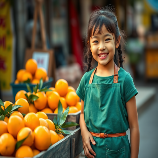A cheerful girl in a green apron standing beside a wooden cart filled with oranges, vibrant colors, soft lighting, shallow depth of field, captured with a Canon EOS R6, 50mm lens, f/2.8, ISO 100, 1/200s.