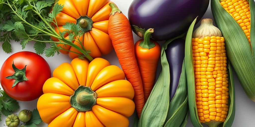 Create a vibrant illustration of a tomato, pumpkin, carrot, yellow bell pepper, eggplant, and corn arranged in a visually appealing layout, using a digital art style with high saturation and smooth lines, captured from a top-down view to highlight their colors and shapes, emulating a professional illustration look similar to a 35mm camera with a shallow depth of field for an enhanced focus on the vegetables.