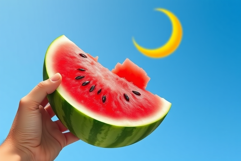 Create a vibrant illustration of a hand holding a partially eaten watermelon against a bright blue sky with a yellow crescent moon above, using a digital art style with high saturation, sharp focus, and a depth of field effect, simulating a DSLR camera shot at f/2.8, 50mm lens, ISO 100.