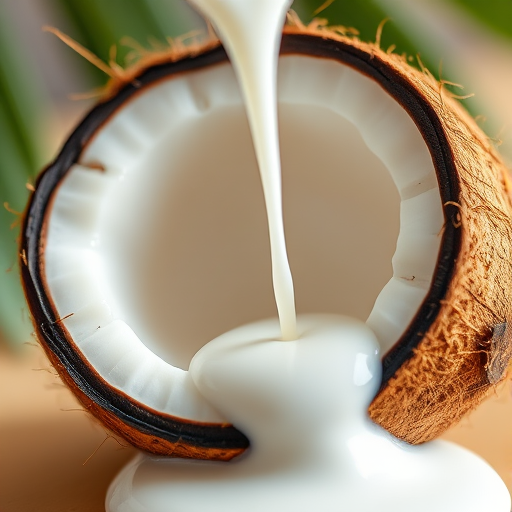 Coconut half with coconut milk pouring out, macro shot, soft natural lighting, f/2.8 aperture, 50mm lens, ISO 100, shallow depth of field, DSLR camera