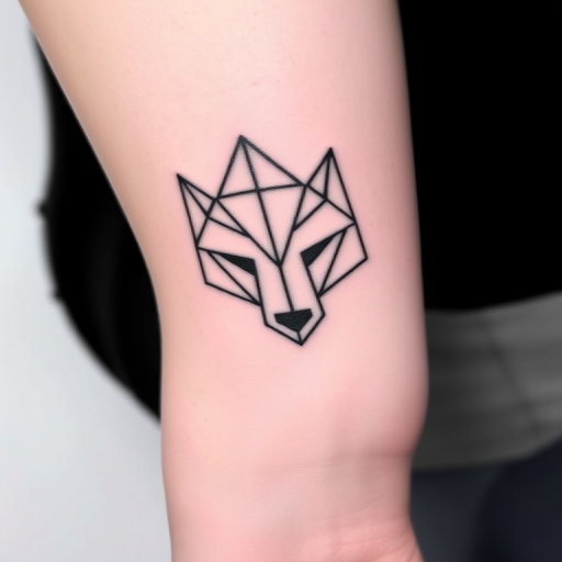 Minimalist blackwork tattoo showcasing geometric shapes forming a sleek wolf silhouette, bold lines and dotwork shading, stark contrast against skin, precise symmetry and balance
