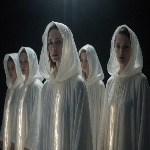A dramatic portrayal of a group of individuals draped in translucent, white robes with pointed, elongated hoods that cast a soft glow on their faces. The robes are translucent, allowing the light to filter through, creating a shimmering effect. The individuals are positioned in a line, with their faces turned slightly to the side, revealing a contemplative expression. The setting is dark, with a backdrop of intricate, blurred patterns that resemble a network of lights or wires. The overall mood of the image is mysterious and ethereal, with the white robes and hoods standing out against the darker, moody backdrop.
