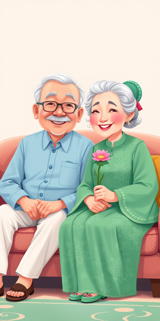 Create an illustration of an elderly couple sitting on a cozy sofa, the man wearing a light blue shirt and white pants with a gentle smile, and the woman in a green traditional dress holding a flower, bright colors, soft lighting, 50mm lens, f/2.8 aperture, shallow depth of field, vibrant cartoon style.